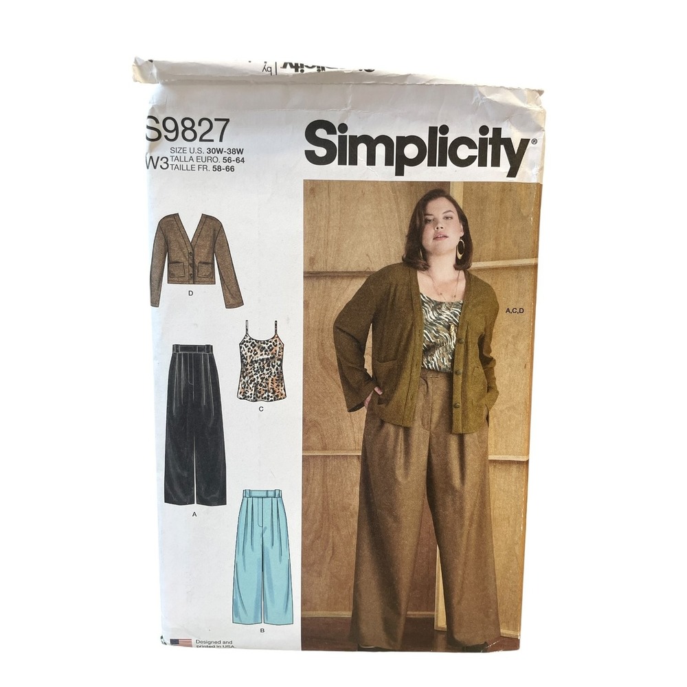 Simplicity S9827 Pants Camisole Cardigan W3 30W-38W Plus Size Outfit
